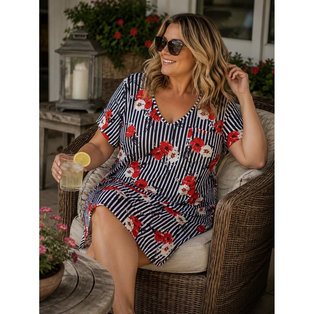 Allegra K Women 3X Floral Striped V-Neck Knee Length Dress with Pocket Red Black